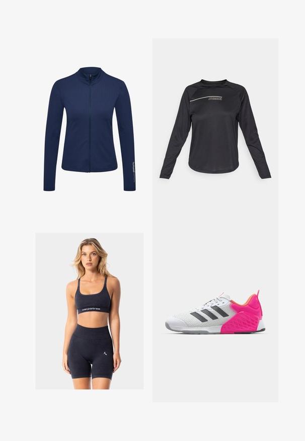 Marine sportjack met lange mouwen, hoge kraag en ritssluiting aan de voorkant. Getextureerde stof met een logoproef op de linkermouw.; Zwarte lange mouwen shirt gemaakt van gladde stof, met een ronde hals en het "HUMMEL" logo in het wit op de voorkant met een diagonale accentlijn.; Zwarte atletische crop top met verstelbare bandjes en een logo-band. Gecombineerd met bijpassende high-waisted shorts met een kleine logo-accent.; Witte sportieve schoen met grijze strepen, bovenwerk van mesh en een roze hiel en accenten. Voorzien van een gestructureerde hiel en rubberen buitenzool. Veters en gevoerde kraag.