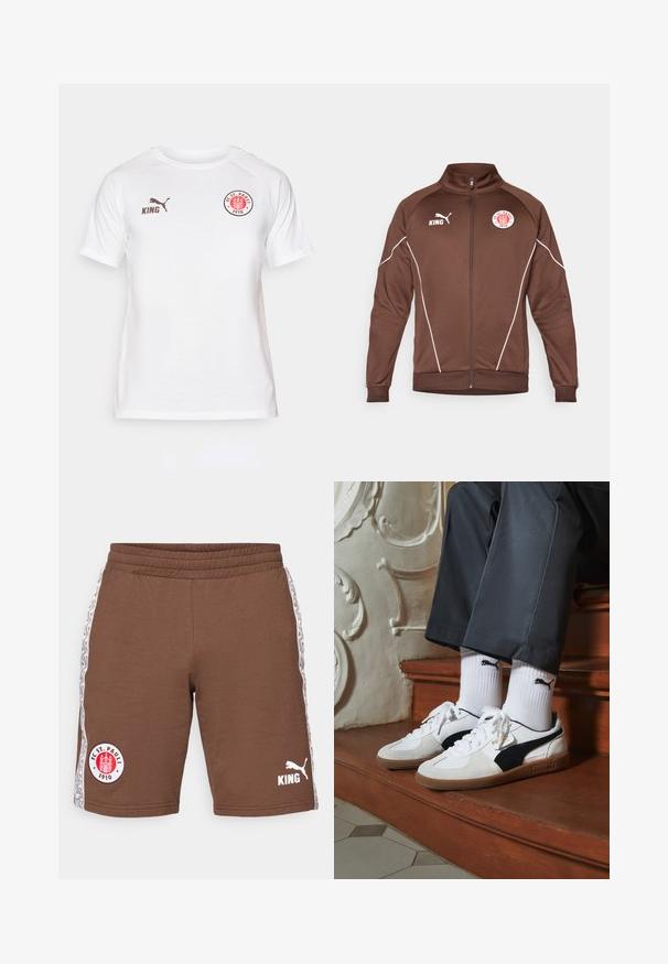 Rudas užtrauktukas striukė, pagaminta iš lygaus audinio. Turinti baltas akcentų linijas, stovimą apykaklę ir logotipus KING bei FC St. Pauli.; Balta trumpa rankovėmis marškinėliai, pagaminti iš glotnaus audinio, su raudonu ir juodu apvaliu logotipu krūtinėje bei rudos spalvos PUMA ir KING ženklų.; Rudi sportiniai šortai, pagaminti iš medvilnės, su elastine juosta, šoninėmis juostelėmis su raštais ir baltais logotipais: FC St. Pauli ir Puma.; Puma sportbačiai baltoje ir juodoje zomšo spalvų derinys, su rudu guminio pado apdaila. Derinama su baltais kojiniais, kuriuose pavaizduota juoda logotipas, dėvimi su tamsiomis kelnėmis.