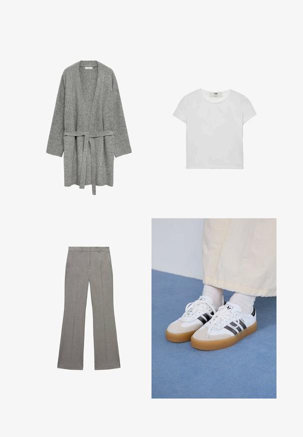 Sivý pletený kardigán s prechodovým dizajnom, dlhými rukávmi a viazacím pásom v oblasti pása. Má rebrované manžety a otvorený predný diel.; Biele tričko s krátkym rukávom a okrúhlym výstrihom, vyrobené z mäkkého bavlneného materiálu, s jednoduchým a čistým dizajnom bez viditeľných vzorov alebo doplnkov.; Sivé rozšírené nohavice s textúrovanou tkaninou, s hladkým predným dielom, pútkami na opasok a prežehlenými záhybmi pozdĺž nohavíc pre upravený vzhľad.; Biele tenisky s čiernymi pruhmi a béžovými semišovými detailmi. Majú textúrovanú gumovú podrážku a ploché biele šnúrky, kombinované s svetlými ponožkami.
