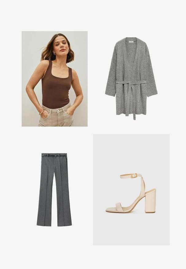Šedý pletený kardigan s designem do zavinovacího stylu, dlouhými rukávy a zavazováním v pase. Obsahuje žebrované manžety a otevřený přední díl.; Hnědý bezrukávový body s čtvercovým výstřihem, vyrobený z hladké látky, spárovaný s vysokými béžovými kalhotami. Jednoduchý design.; Šedé kalhoty na míru se rovnou nohavicí, lehký materiál, poutka na opasek a úzký opasek se stříbrnou sponou.; Béžová sandál s vysokým podpatkem, čtveratou špičkou, tenkým kotníkovým páskem a blokovým podpatkem. Hladká kožená textura s detaily ve zlaté barvě.