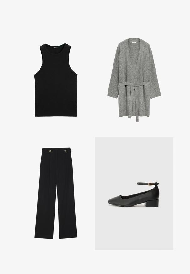 Cardigan grigio a maglia con design avvolgente, maniche lunghe e una cintura da annodare in vita. Presenta polsini a costine e apertura frontale.; Top aderente nero a costine con scollatura rotonda e maniche larghe. Realizzato in tessuto morbido ed elastico. Design semplice e attillato.; Pantaloni neri a gamba larga con vita alta, dettagli con bottoni in vita e pieghe frontali.; Pump in pelle nera con punta affusolata e tacco basso a blocco. Presenta una cinghia alla caviglia con una fibbia in tonalità oro. Texture liscia.