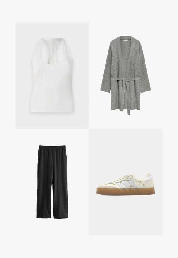 Grijze, gebreide cardigan met een wikkelontwerp, lange mouwen en een strikband in de taille. Heeft ribgebreide manchetten en een open voorkant.; Witte mouwloze top van zacht materiaal, met een ronde halslijn en racerback ontwerp, een gladde textuur en zonder zichtbare patronen.; Zwarte, knielange broeken van lichte stof. Elastische tailleband en een gladde textuur met een rechte pijp. Geen zichtbare details of patronen.; Crème sneakers met lichtblauwe strepen, rubberen zool en decoratieve gele bloemenaccenten op het bovenmateriaal. Rond neusontwerp.