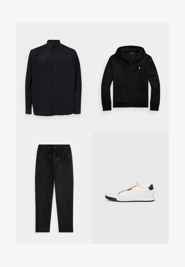 Musta vetoketjullinen huppari, joka on valmistettu pehmeästä kankaasta. Tässä hupparissa on etutasku, säädettävä nyörihuppu ja pieni kirjailtu logo rinnassa.; Musta pitkähihaine paita, joka on valmistettu sileästä kankaasta. Siinä on klassinen kaulus, nappilista ja rento istuvuus, jossa on kynsikkäät hihat.; Mustat rento housut, joissa on elastinen vyötärö, naru -suljin, etupainike ja sivutaskut, esiteltynä yksinkertaisella taustalla.; Valkoiset urheilukengät, joissa on verkkokudosta ja nahkaosia. Varustettu kultaisella "BOSS"-logolla, tekstuurillisilla sivupaneeleilla ja mustalla kantapäällä. Kumikanta.