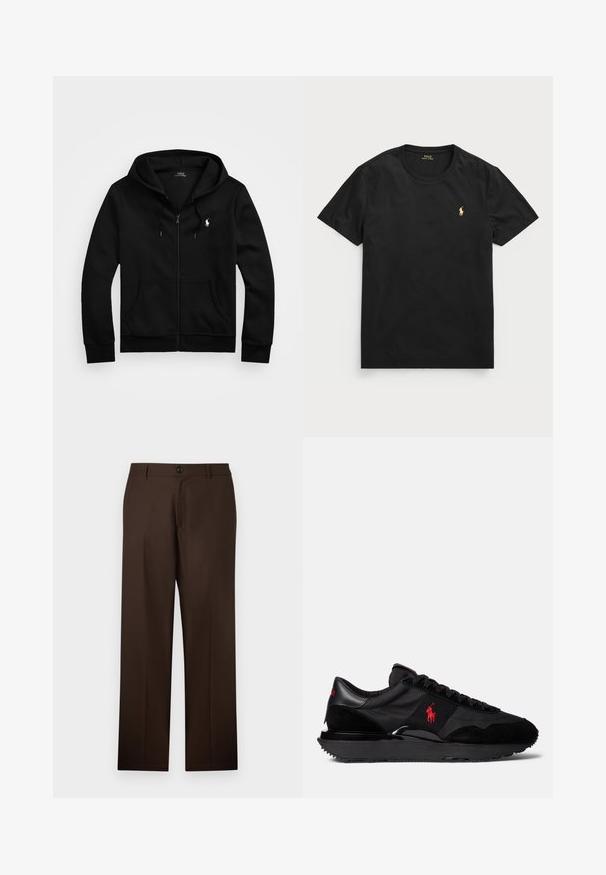 Fekete cipzáras kapucnis pulóver puha anyagból, elülső zsebbel, állítható húzózsinórral a kapucnin és kis hímzett logóval a mellrészen.; Fekete, rövid ujjú pamut póló kerek nyakkivágással, kicsi arany színű polo logóval a bal mellrészen.; Barna, szabott nadrág, egyenes szárú kivitelben, gombos záródással és sima szövettextúrával. Nincsenek látható minták vagy díszítések.; Fekete sportcipők, amelyek velúr és textil anyagok kombinációjából készültek. Figyelemre méltó piros logóval és texturált gumitalppal rendelkeznek.