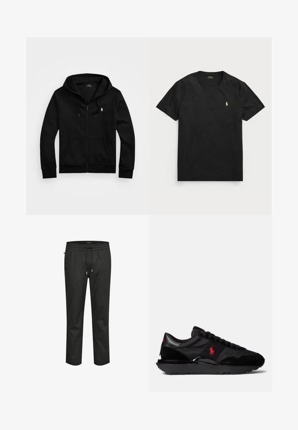 Melnā kapuce ar rāvējslēdzēju, izgatavota no mīksta auduma, ar priekšējo kabatu, regulējamu saiti kapuces augšdaļā un mazu izšūtu simbolu uz krūtīm.; Melna īsām piedurknēm t-kreklā, izgatavota no kokvilnas, ar apaļu kakla izgriezumu, ar nelielu zelta polo logo kreisajā krūšu daļā.; Melni kokvilnas bikses ar elastīgu jostasvietu, aukliņu aizdari un brīvu piegriezumu. Iezīmē gludu tekstūru un sašaurinātus svārkus.; Melni sporta apavi, kas izgatavoti no zamšas un tekstila materiāliem. Ievērojams sarkans logo akcentu un strukturēta gumijas zole.