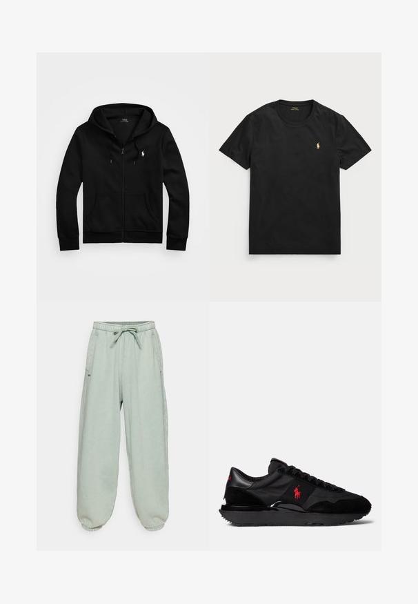 Hoodie preto com fecho, feito de tecido macio, apresentando um bolso frontal, capuz ajustável com cordão e um pequeno logo bordado no peito.; T-shirt preto de manga curta feito de algodão com decote redondo, apresentando um pequeno logo dourado de polo na área do lado esquerdo do peito.; Calças de treino verde claro com cintura elástica e cordão ajustável, apresentam bolsos laterais e punhos elásticos nos tornozelos.; Sapatilhas desportivas pretas com uma combinação de materiais em camurça e têxtil. Destaca-se um logotipo vermelho e uma sola exterior em borracha texturizada.