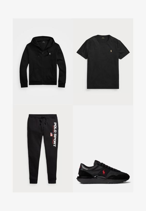 Čierna mikina na zips vyrobená z mäkkej látky, s prednou vreckom, nastaviteľnou kapucňou a malým vyšitým logom na hrudi.; Čierne tričko s krátkymi rukávmi vyrobené z bavlny s okrúhlym výstrihom, s malým zlatým logom polo na ľavej strane hrude.; Polo Ralph Lauren POLO SPORT JOGGERS - Tepláky - black/white; Čierne atletické tenisky so zmesou semišových a textilných materiálov. Výrazný červený logo akcent a textúrovaná gumová podrážka.