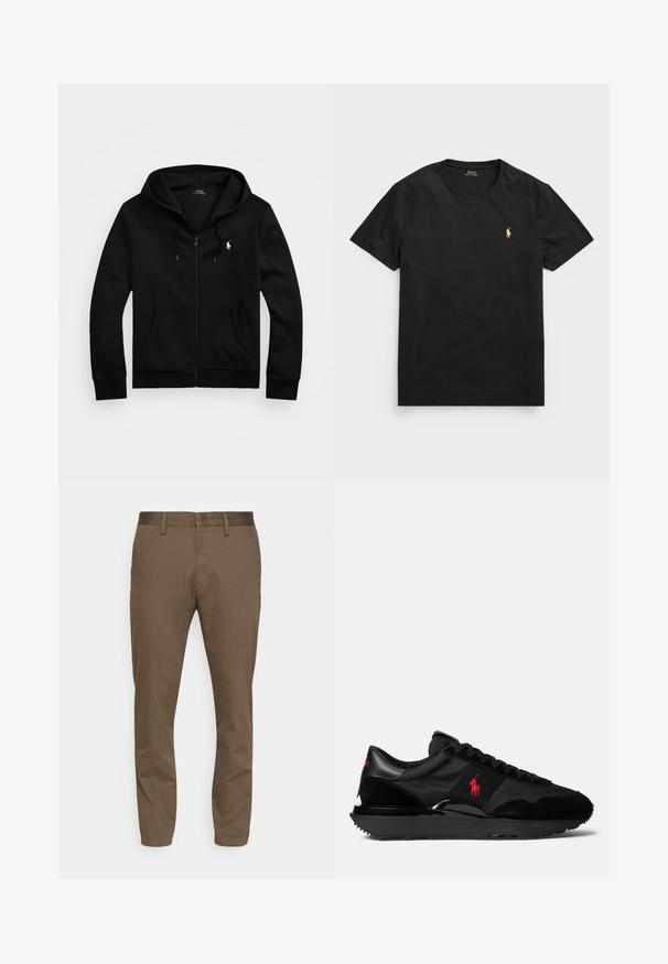 Sort zip-up hoodie lavet af blødt stof, med en frontlomme, justerbar snøre i hætten og et lille broderet logo på brystet.; Sort kortærmet t-shirt lavet af bomuld med rund halsudskæring, prydet med et lille gyldent polo-logo på venstre brystområde.; Brune, strækstofbukser med slim fit. Indgår en glat talje, bæltestropper og to forlommer.; Sorte atletiske sneakers med en kombination af ruskind og tekstilmaterialer. Bemærkelsesværdig rød logoakcent og struktureret gummisål.