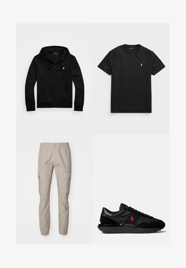 Czarna bluza z kapturem na zamek, wykonana z miękkiego materiału, z przednią kieszenią, regulowanym kapturem na sznurek i małym haftowanym logo na klatce piersiowej.; Czarny krótki rękaw t-shirt wykonany z bawełny, z okrągłym dekoltem, z małym złotym logo polo na lewej piersi.; Beżowe spodnie cargo wykonane z lekkiego materiału, z elastycznym paskiem w talii, bocznymi kieszeniami oraz elastycznymi mankietami przy kostkach.; Czarne sportowe sneakersy z połączenia zamszu i materiałów tekstylnych. Wyrazisty czerwony akcent z logo oraz teksturowana gumowa podeszwa.