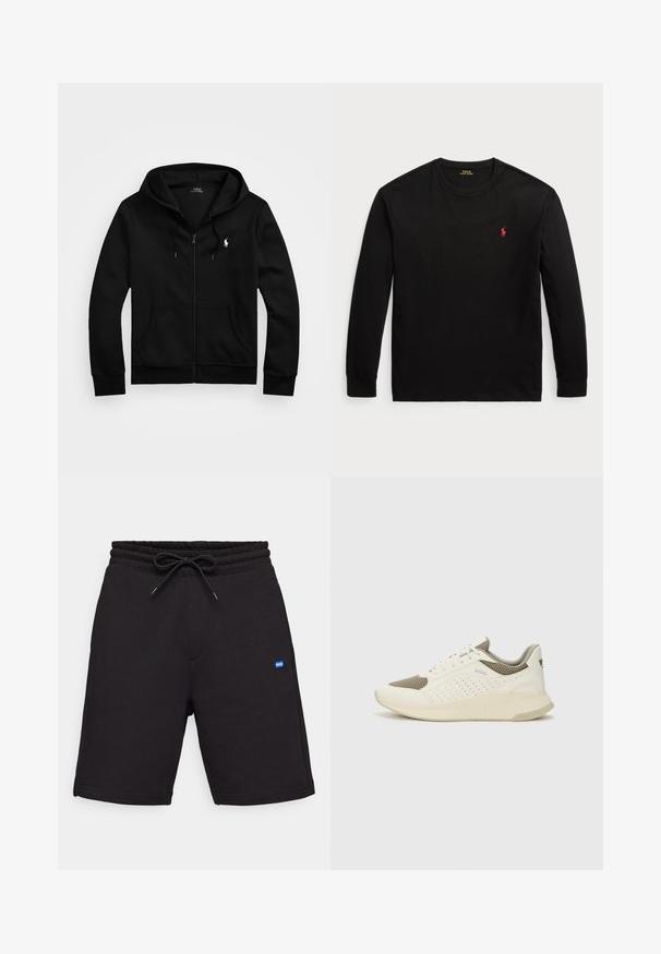 Musta vetoketjullinen huppari, joka on valmistettu pehmeästä kankaasta. Tässä hupparissa on etutasku, säädettävä nyörihuppu ja pieni kirjailtu logo rinnassa.; Musta pitkähihaisen t-paita 100 % puuvillaa. Ominaisuuksiin kuuluu pyöreä pääntie, ribatut hihansuut ja pieni punainen brodeerattu logo rinnassa. Silkkinen pinta.; Mustat puuvillashortsit, joissa on naru vyötäröllä, sivutaskut ja pieni sininen logopatchi edessä. Sileä rakenne.; Valkoinen ja vaaleanbeige urheilukengät, joissa on verkkomateriaali yläosa, rei'itettyjä yksityiskohtia ja teksturoitu välipohja, jossa on brändäys kantapäässä.