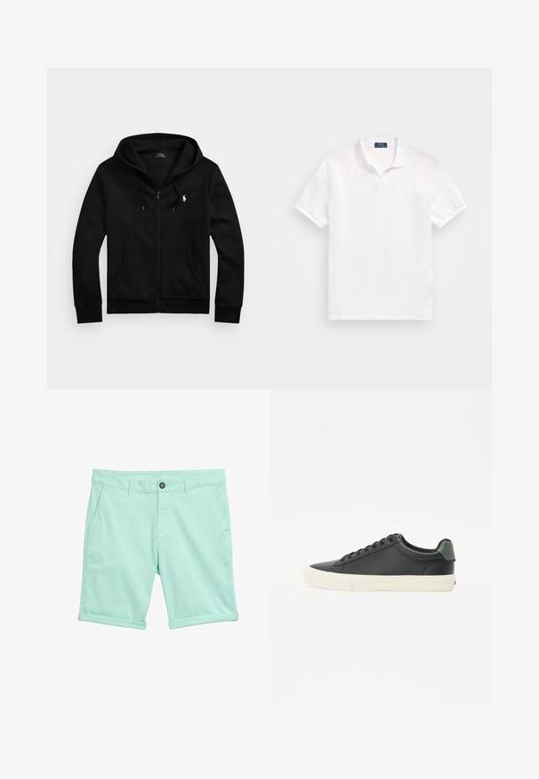 Zwarte zip-up hoodie van zacht materiaal, voorzien van een voorzak, verstelbare capuchon met trekkoord en een klein geborduurd logo op de borst.; Witte poloshirt van katoen, voorzien van een twee-knopenlijst, korte mouwen en een subtiel logo op de linkerborst. Soepele textuur.; Lichtgroene shorts gemaakt van lichtgewicht stof, met een knoopsluiting, twee achterzakken en opgerolde mouwen voor een ontspannen pasvorm.; Zwarte leren sneaker met een gestructureerde afwerking, witte rubberen zool, ronde neus en groene accenten op de hiel. Zes gaatjes vetersluiting.