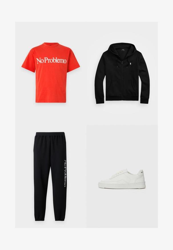 Schwarze Zip-Up-Hoodie aus weichem Stoff, mit einer Vordertasche, verstellbarem Kordelzug an der Kapuze und kleinem gesticktem Logo auf der Brust.; Rotes Baumwoll-T-Shirt mit kurzen Ärmeln und Rundhalsausschnitt. Mit auffälligem weißen Text "No Problemo" auf der Brust. Glatte Textur.; Schwarze Sweatpants mit elastischem Bund, schmal zulaufenden Knöcheln und weißem "No Problemo"-Text, der auf dem linken Bein aufgedruckt ist. Weiches Baumwollmaterial.; Weiße Ledersneaker mit glatter Oberfläche, runder Zehenpartie, flachen Schnürsenkeln und strukturiertem Sohlenprofil. Mit einem dezenten Logo an der Ferse.