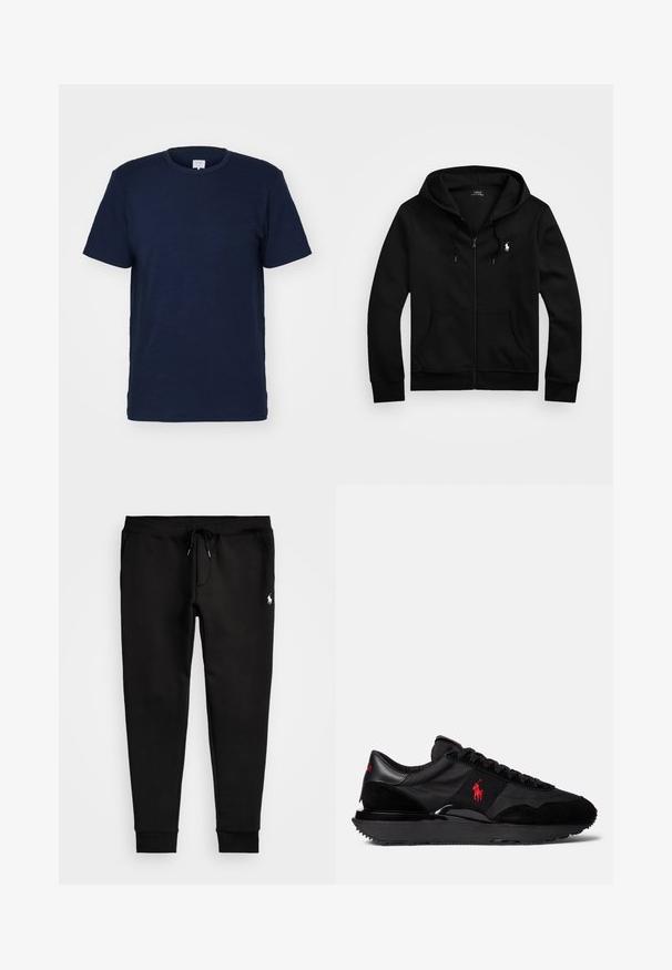 Čierna mikina na zips vyrobená z mäkkej látky, s prednou vreckom, nastaviteľnou kapucňou a malým vyšitým logom na hrudi.; Námornícky modré tričko s krátkym rukávom a okrúhlym výstrihom, vyrobené z mäkkej tkaniny, s hladkým povrchom a jednoduchým dizajnom bez vzorov.; Čierne tepláky vyrobené z mäkkej tkaniny, s elastickým pásom na šnúrku, priliehavými manžetami a malým bielym logom na ľavom stehne.; Čierne atletické tenisky so zmesou semišových a textilných materiálov. Výrazný červený logo akcent a textúrovaná gumová podrážka.