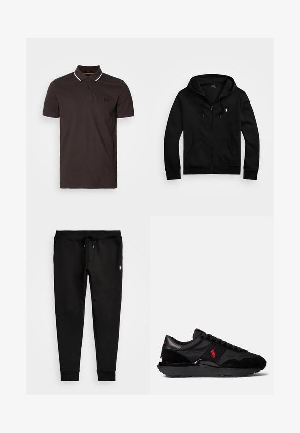 Felpa nera con zip, realizzata in tessuto morbido, con tasca frontale, cappuccio regolabile con cordino e piccolo logo ricamato sul petto.; Polo shirt marrone scuro realizzato in cotone, con colletto classico, due bottoni e dettagli bianchi sul colletto e sulle maniche. Piccolo logo sul petto.; Pantaloni della tuta neri realizzati in morbido tessuto, con vita regolabile tramite cordoncino, polsini aderenti e un piccolo logo bianco sulla gamba sinistra.; Sneaker sportive nere realizzati con una combinazione di materiali scamosciati e tessili. Accento distintivo del logo rosso e suola in gomma texture.