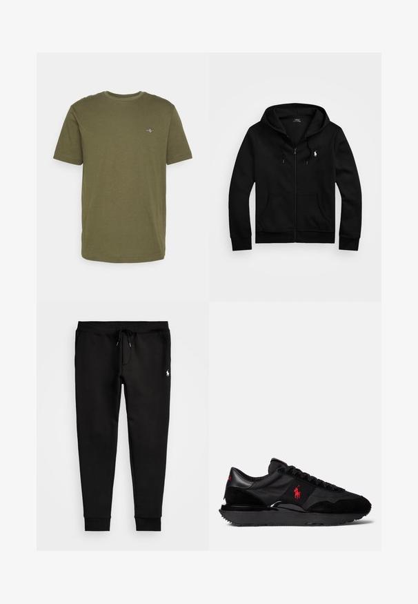 Hoodie zippé noir en tissu doux, avec une poche avant, un capuchon ajustable à cordon et un petit logo brodé sur la poitrine.; T-shirt en coton vert olive avec des manches courtes, un col rond et un petit logo brodé sur la poitrine. Texture lisse, design décontracté.; Pantalon de jogging noir en tissu doux, avec une taille élastique à cordon de serrage, des poignets ajustés et un petit logo blanc sur la jambe gauche.; Baskets de sport noires en combinaison de daim et de matériaux textiles. Accent logo rouge notable et semelle en caoutchouc texturé.