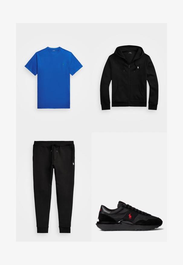 Černá mikina na zip vyrobená z měkké tkaniny, s přední kapsou, nastavitelnou kapucí se šňůrkou a malým vyšívaným logem na hrudi.; Polo Ralph Lauren Big & Tall JERSEY CREWNECK T-SHIRT - Jednoduché tričko - heritage blue; Černé tepláky vyrobené z měkké tkaniny, s páskem na stažení, přiléhavými manžetami a malým bílým logem na levé noze.; Černé sportovní tenisky s kombinací semiše a textilních materiálů. Výrazný červený logo akcent a texturovaná gumová podrážka.