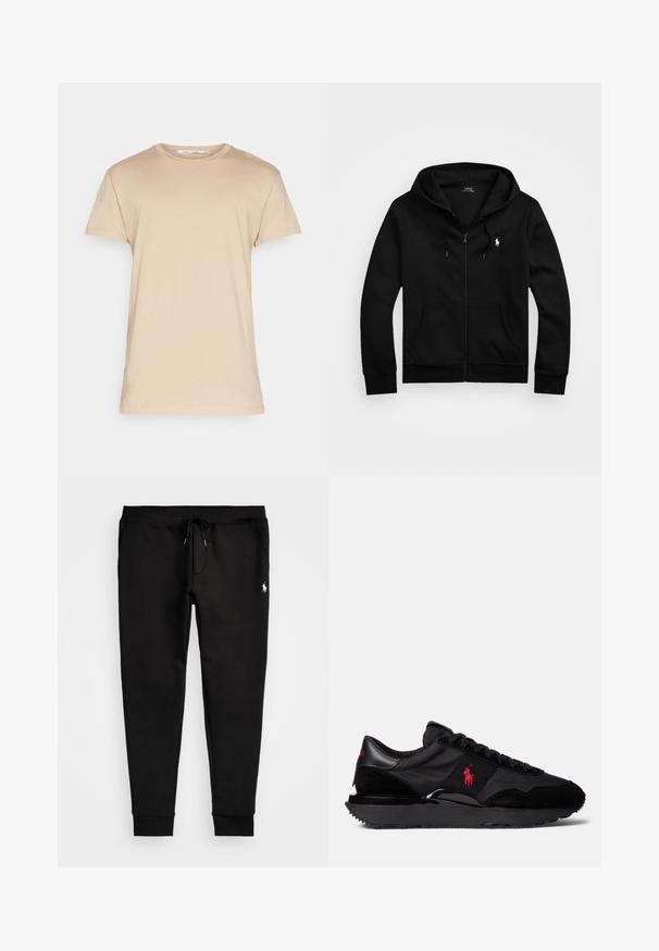 Čierna mikina na zips vyrobená z mäkkej látky, s prednou vreckom, nastaviteľnou kapucňou a malým vyšitým logom na hrudi.; Bežové bavlnené tričko s klasickým okrúhlym výstrihom a krátkymi rukávmi. Má hladkú textúru a žiadne viditeľné vzory alebo akcenty.; Čierne tepláky vyrobené z mäkkej tkaniny, s elastickým pásom na šnúrku, priliehavými manžetami a malým bielym logom na ľavom stehne.; Čierne atletické tenisky so zmesou semišových a textilných materiálov. Výrazný červený logo akcent a textúrovaná gumová podrážka.