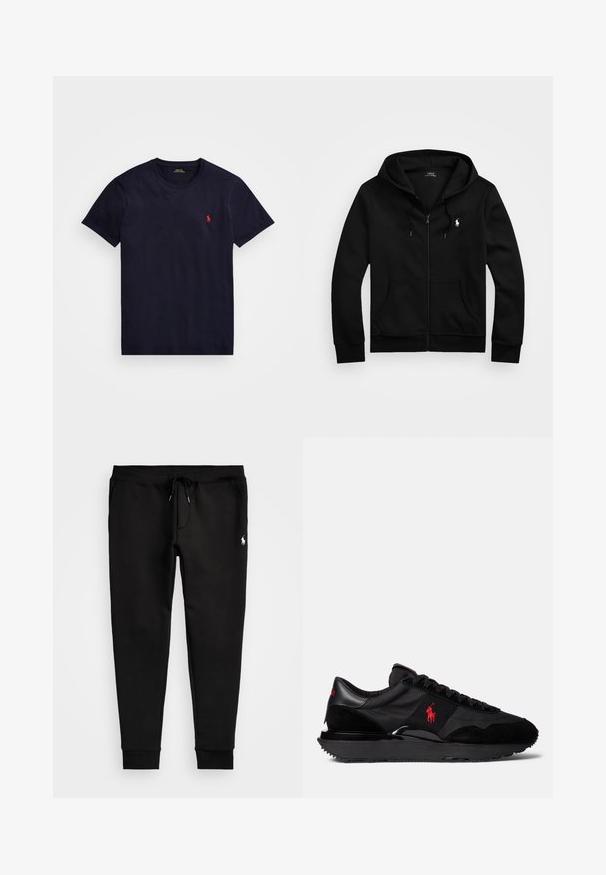 Black zip-up hoodie made of soft fabric, featuring a front pocket, adjustable drawstring hood, and small embroidered logo on the chest.; Navy blue cotton t-shirt with a crew neck, short sleeves, and a small red embroidered logo on the left chest. Soft texture, classic fit.; Black sweatpants made of soft fabric, featuring a drawstring waist, fitted cuffs, and a small white logo on the left leg.; Black athletic sneakers featuring a combination of suede and textile materials. Notable red logo accent and textured rubber outsole.
