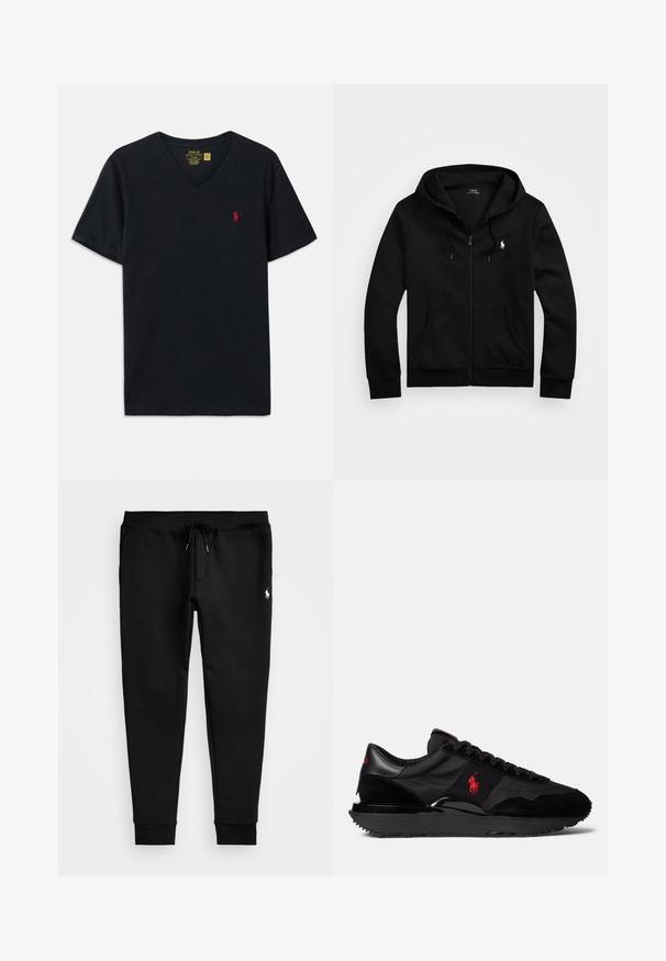 Μαύρο φερμουάρ που hoodie φτιαγμένο από απαλό ύφασμα, με μπροστινή τσέπη, ρυθμιζόμενη κουκούλα με κορδόνια και μικρό κεντημένο λογότυπο στο στήθος.; Μαύρη βαμβακερή μπλούζα T-shirt με V λαιμόκοψη, κοντά μανίκια και μικρό κόκκινο κεντημένο λογότυπο στο αριστερό στήθος. Μαλακή υφή, άνετη εφαρμογή.; Μαύρες φόρμες από μαλακό ύφασμα, με ελαστική μέση και κορδόνι, στενούς μανίκους και ένα μικρό λευκό λογότυπο στο αριστερό πόδι.; Μαύρα αθλητικά παπούτσια με συνδυασμό σουέτ και υφασμάτινα υλικά. Ξεχωριστή κόκκινη λογότυπη λεπτομέρεια και υφή από καουτσούκ στην σόλα.