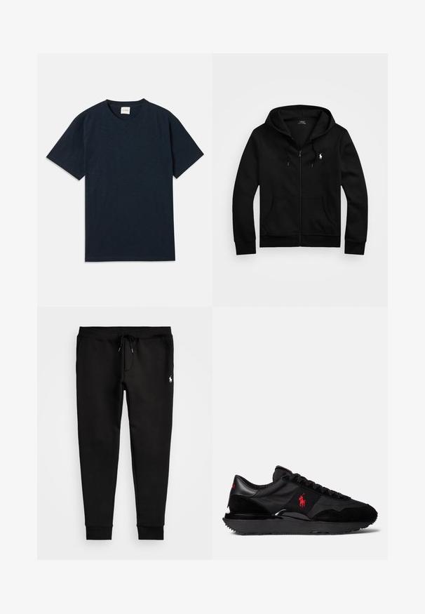 Hanorac negru cu fermoar, realizat dintr-un material moale, având o buzunar frontal, glugă ajustabilă cu șnur și un mic logo brodat pe piept.; Tricou simplu de culoare albastru închis, cu mânecă scurtă și gât rotund, având un mic logo embosat aproape de tivul de jos.; Pantaloni de trening negri din material moale, cu talie ajustabilă cu șnur, manșete strânse și un logo alb mic pe piciorul stâng.; Sneakers negri de sport, care combină materiale din zamac și textil. Accent notabil al unui logo roșu și talpă exterioară din cauciuc texturat.