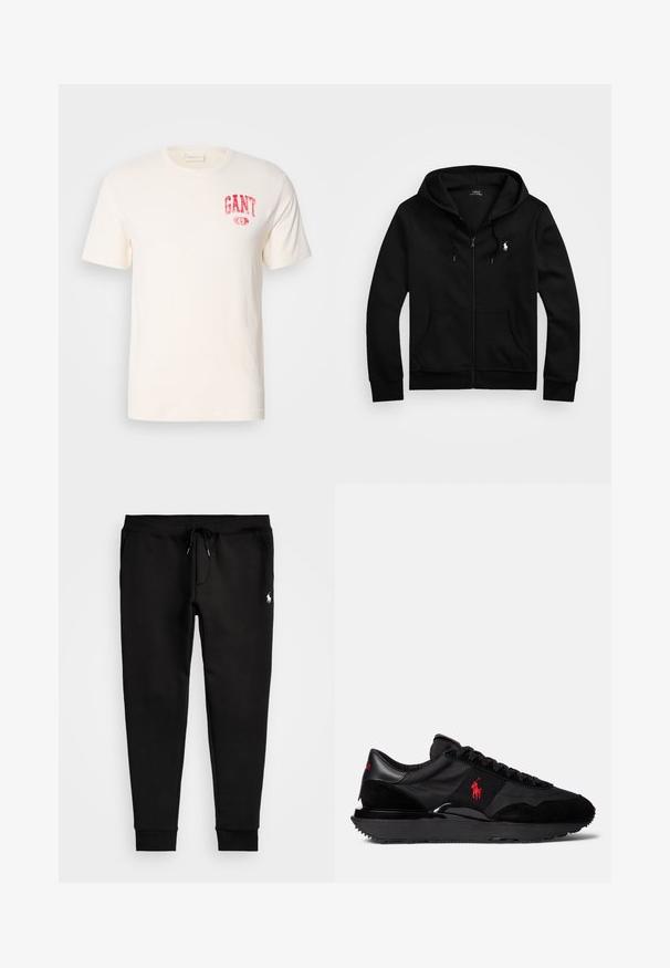 Fekete cipzáras kapucnis pulóver puha anyagból, elülső zsebbel, állítható húzózsinórral a kapucnin és kis hímzett logóval a mellrészen.; Rövid ujjú, világos fehér pamut póló, kerek nyakkal, a mellkason világos piros GANT logóval. Egyszerű és laza dizájn.; Fekete sportnadrág, puha anyagból készült, állítható derékrésszel, szűkített szárakkal és egy kis fehér logóval a bal lábon.; Fekete sportcipők, amelyek velúr és textil anyagok kombinációjából készültek. Figyelemre méltó piros logóval és texturált gumitalppal rendelkeznek.