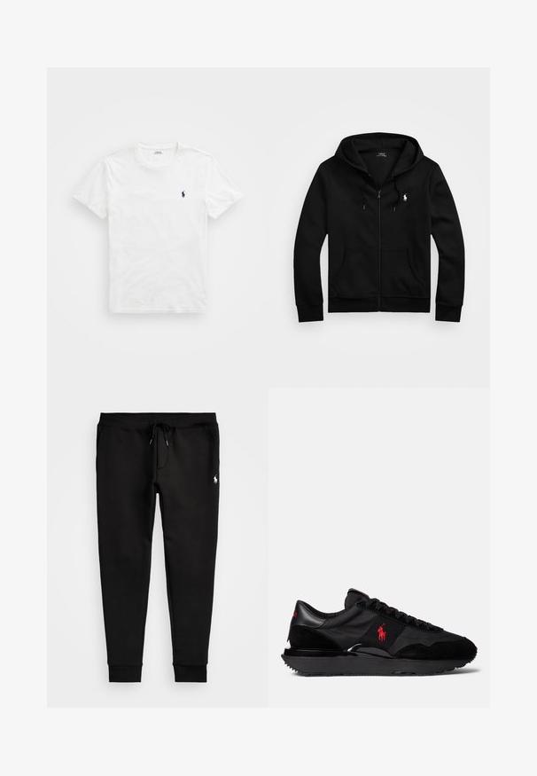 Juodas zip-up džemperis iš minkštos medžiagos, turintis priekinę kišenę, reguliuojamą kapučią su raišteliu ir mažą siuvinėtą logotipą ant krūtinės.; Balta medvilninė marškinėliai su apvaliu kaklu, trumpomis rankovėmis ir mažu tamsiai mėlynu logotipu kairėje krūtinės pusėje. Lygus paviršius, kasdienis dizainas.; Juodos sportinės kelnės, pagamintos iš minkštos medžiagos, su nėrinio juosmeniu, priglundančiomis rankovėmis ir maža balta logo ant kairės kojos.; Juodi sportiniai batai, pagaminti iš zomšos ir tekstilės medžiagų. Išskirtinė raudona logotipo akcentas ir struktūruotas guminis padas.