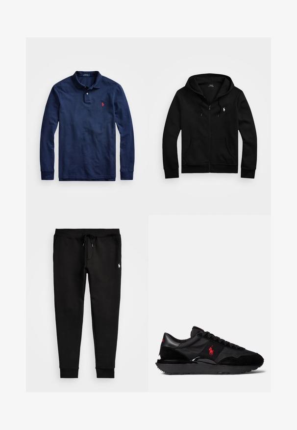 Hanorac negru cu fermoar, realizat dintr-un material moale, având o buzunar frontal, glugă ajustabilă cu șnur și un mic logo brodat pe piept.; Polo cu mânecă lungă, de culoare bleumarin, fabricat din bumbac, cu o închidere tip placket cu două butoane, manșete ribbate și un mic logo roșu pe pieptul stâng.; Pantaloni de trening negri din material moale, cu talie ajustabilă cu șnur, manșete strânse și un logo alb mic pe piciorul stâng.; Sneakers negri de sport, care combină materiale din zamac și textil. Accent notabil al unui logo roșu și talpă exterioară din cauciuc texturat.