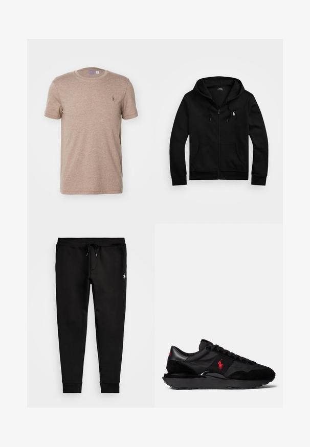 Melnā kapuce ar rāvējslēdzēju, izgatavota no mīksta auduma, ar priekšējo kabatu, regulējamu saiti kapuces augšdaļā un mazu izšūtu simbolu uz krūtīm.; Īsās piedurknes T-krekls gaiši brūnas krāsas audumā ar smalku tekstūru. Uz kreisās krūts daļas ir neliela izšūta logo. Apaļa kakla izgriezums.; Melnas sporta bikses, kas izgatavotas no mīksta auduma, ar aukliņu jostasvietā, pieguļošiem piedurkņu galiem un mazu baltu logo uz kreisās kājas.; Melni sporta apavi, kas izgatavoti no zamšas un tekstila materiāliem. Ievērojams sarkans logo akcentu un strukturēta gumijas zole.