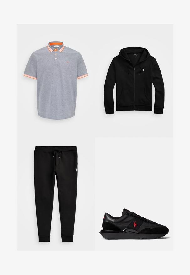 Černá mikina na zip vyrobená z měkké tkaniny, s přední kapsou, nastavitelnou kapucí se šňůrkou a malým vyšívaným logem na hrudi.; Šedé polo triko vyrobené z bavlny s texturovaným povrchem, s oranžovými akcenty na límci a rukávech. Tříknoflíková léga.; Černé tepláky vyrobené z měkké tkaniny, s páskem na stažení, přiléhavými manžetami a malým bílým logem na levé noze.; Černé sportovní tenisky s kombinací semiše a textilních materiálů. Výrazný červený logo akcent a texturovaná gumová podrážka.