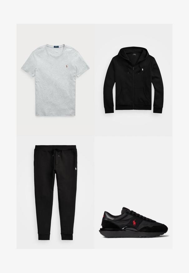 Juodas zip-up džemperis iš minkštos medžiagos, turintis priekinę kišenę, reguliuojamą kapučią su raišteliu ir mažą siuvinėtą logotipą ant krūtinės.; Pilkas medvilninis marškinėliai su apvali apykakle ir trumpomis rankovėmis. Yra mažas, siuvinėtas logotipas kairėje krūtinės pusėje. Lygi tekstūra.; Juodos sportinės kelnės, pagamintos iš minkštos medžiagos, su nėrinio juosmeniu, priglundančiomis rankovėmis ir maža balta logo ant kairės kojos.; Juodi sportiniai batai, pagaminti iš zomšos ir tekstilės medžiagų. Išskirtinė raudona logotipo akcentas ir struktūruotas guminis padas.