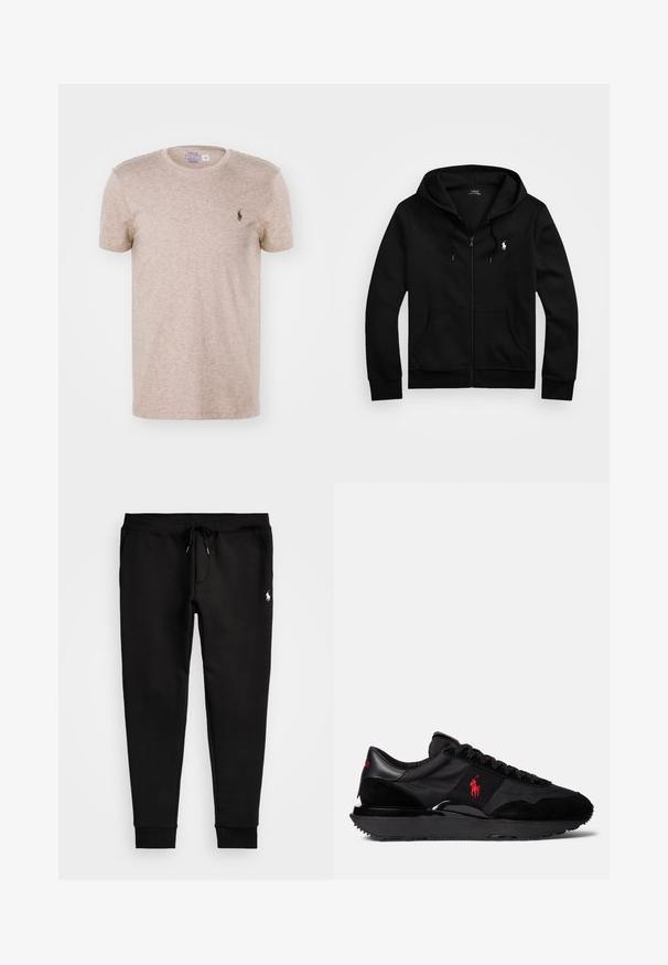 Svart zip-up hettegenser laget av myk stoff, med en frontlomme, justerbar snorhette og liten brodert logo på brystet.; Beige t-skjorte med korte ermer laget av mykt stoff, med rund hals og en liten mørk logo på venstre bryst.; Sorte joggebukser laget av myk stoff, med snor i midjen, tettsittende mansjetter og en liten hvit logo på venstre ben.; Svart idrettssneakers med en kombinasjon av semsket skinn og tekstilmaterialer. Iøynefallende rødt logoaksent og teksturert gummisåle.