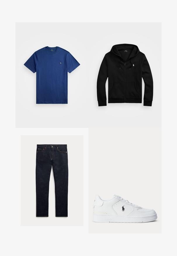 Czarna bluza z kapturem na zamek, wykonana z miękkiego materiału, z przednią kieszenią, regulowanym kapturem na sznurek i małym haftowanym logo na klatce piersiowej.; Granatowa bawełniana koszulka z klasycznym okrągłym dekoltem, krótkimi rękawami i małym haftowanym logo na lewej piersi. Gładka tekstura.; Ciemne dżinsy z prostą nogawką, pięcioma kieszeniami, pomarańczowym przeszyciem i zapięciem na guziki. Tkanina ma gładką fakturę.; Biały sportowy but z fakturowaną skórzaną cholewką, okrągłym noskiem, płaskimi sznurowadłami oraz czarnym logo po boku. Gumowa podeszwa z wzorem bieżnika.