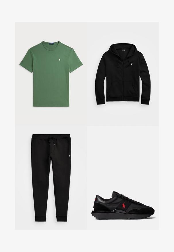 Černá mikina na zip vyrobená z měkké tkaniny, s přední kapsou, nastavitelnou kapucí se šňůrkou a malým vyšívaným logem na hrudi.; Zelené bavlněné tričko s kulatým výstřihem a krátkými rukávy. Obsahuje malou bílou výšivku loga na levé hrudi.; Černé tepláky vyrobené z měkké tkaniny, s páskem na stažení, přiléhavými manžetami a malým bílým logem na levé noze.; Černé sportovní tenisky s kombinací semiše a textilních materiálů. Výrazný červený logo akcent a texturovaná gumová podrážka.