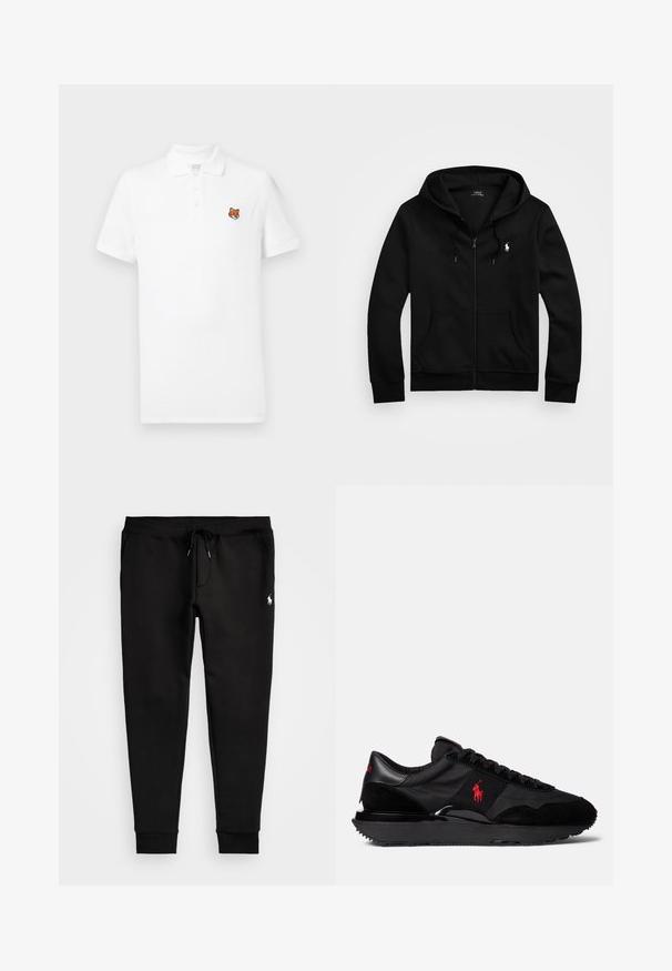 Svart zip-up hettegenser laget av myk stoff, med en frontlomme, justerbar snorhette og liten brodert logo på brystet.; Hvit kortermet polo skjorte med klassisk krage og brodert brunt revhode-detall på venstre bryst. Myk bomullsstoff.; Sorte joggebukser laget av myk stoff, med snor i midjen, tettsittende mansjetter og en liten hvit logo på venstre ben.; Svart idrettssneakers med en kombinasjon av semsket skinn og tekstilmaterialer. Iøynefallende rødt logoaksent og teksturert gummisåle.