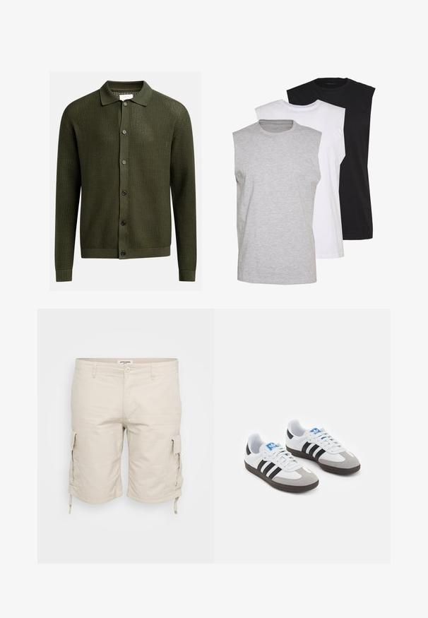 Olijfgroene cardigan met een gestructureerd breipatroon, een kraaghalslijn en zes donkere knopen aan de voorkant; geribbelde manchetten en zoom.; Drie mouwloze T-shirts in grijs, wit en zwart. Zacht katoenmateriaal met een ronde hals en een relaxte pasvorm. Eenvoudig ontwerp, geen patronen.; Beige cargoshorts van lichtgewicht stof, met zijzakken, verstelbare trekkoorden aan de zoom en een klassiek vijf-pocket ontwerp.; Sportschoenen met een witte leren bovenkant, grijze suède neus en drie zwarte strepen. Bevat een blauw logo op de tong en een gestructureerde rubberen zool.