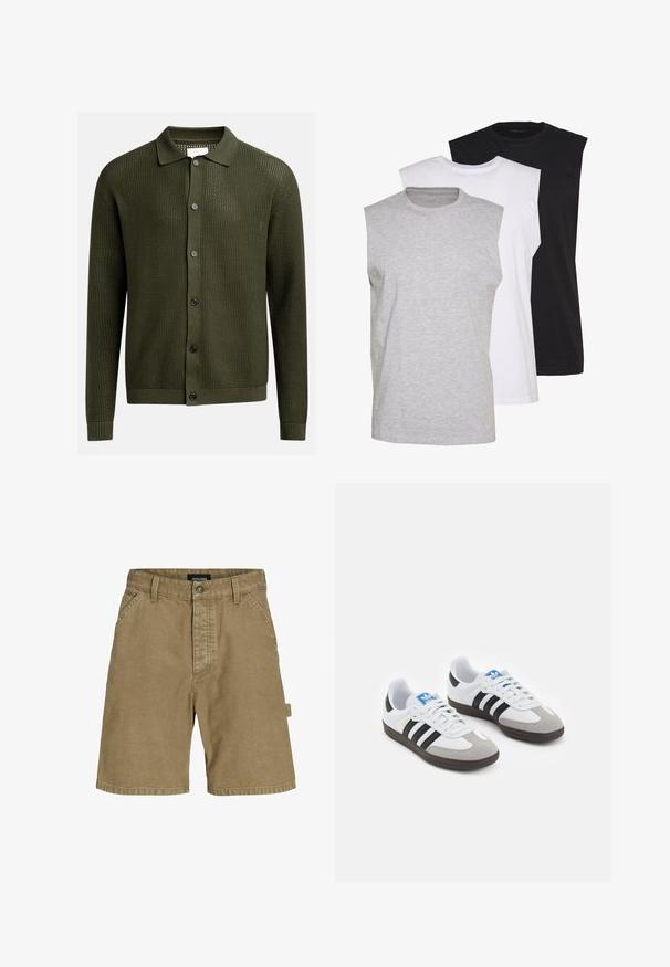 Olivgrüner Cardigan mit einem strukturierten Strickmuster, einem Kragenhalsausschnitt und sechs dunklen Knöpfen auf der Vorderseite; gerippte Bündchen und Saum.; Drei ärmellose T-Shirts in Grau, Weiß und Schwarz. Weiches Baumwollmaterial mit Rundhalsausschnitt und lockerer Passform. Einfaches Design, keine Muster.; Beige Baumwollshorts mit geradem Schnitt, ausgestattet mit Seitentaschen, einem vorderen Knopfverschluss und einem Logofähnchen auf der Rückseite.; Sportschuhe mit einem Obermaterial aus weißem Leder, grauer Wildleder-Zehenkappe und drei schwarzen Streifen. Sie verfügen über ein blaues Logo auf der Zunge und eine strukturierte Gummisohle.