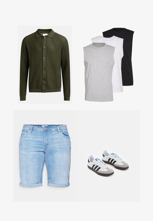 Olīvu zaļš džemperis ar teksturētu adījuma rakstu, ar apkakles izgriezumu un sešām tumšām pogām priekšpusē; riboti aproces un apakšmalas.; Trīs bezpiedurkņu T-krekli pelēkā, baltā un melnā krāsā. Mīksts kokvilnas materiāls ar apaļu kakla izgriezumu un brīvu piegriezumu. Vienkāršs dizains, bez rakstiem.; Gaisblue džinsu šorti ar apgrieztām malām, piecu kabatu dizainu un nolietotu tekstūru. Iekļauj priekšējo pogu aizdari un jostas cilpas.; Sporta apavi ar balto ādas virsu, pelēku zamšādas purngalu un trim melnām svītrām. Iezīmē zilu logotipu uz mēles un teksturētu gumijas zoli.