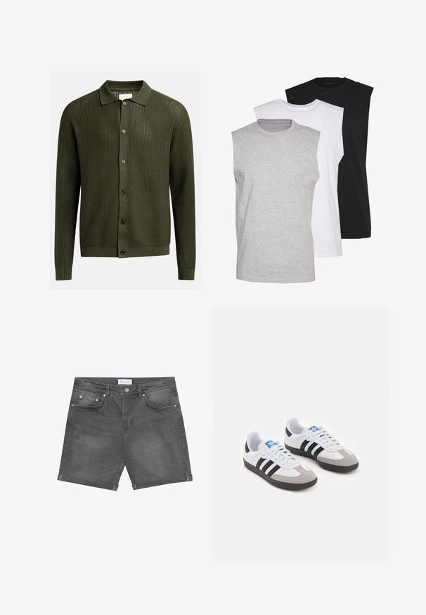 Cardigan verde oliva con un motivo di maglia testurizzato, un colletto e sei bottoni scuri lungo la parte frontale; polsini e orlo a costine.; Tre magliette senza maniche in grigio, bianco e nero. Materiale in cotone morbido con scollatura a girocollo e vestibilità rilassata. Design semplice, senza motivi.; Shorts in denim grigio scuro con un classico design a cinque tasche, orli arrotolati e dettagli in metallo. Texture liscia con sfumature delicate.; Scarpe sportive con tomaia in pelle bianca, punta in suede grigia e tre strisce nere. Presentano un logo blu sulla linguetta e una suola in gomma testurizzata.