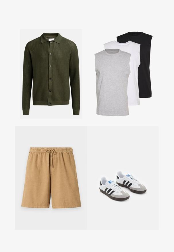 Cardigan vert olive avec un motif de tricot texturé, un col, et six boutons sombres à l'avant ; poignets et ourlet côtelés.; Trois t-shirts sans manches en gris, blanc et noir. Tissu en coton doux avec un col rond et une coupe décontractée. Design simple, sans motifs.; Shorts en velours côtelé marron avec une taille élastique et un cordon de serrage. Présente des côtes verticales et des poches latérales. Longueur courte et design décontracté.; Baskets avec une tige en cuir blanc, un bout en daim gris et trois bandes noires. Présente un logo bleu sur la languette et une semelle en caoutchouc texturée.