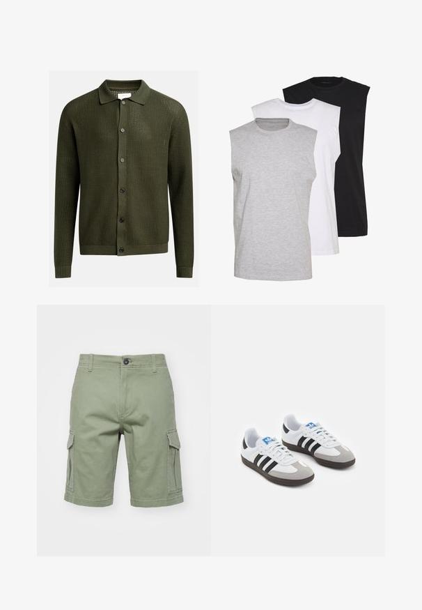 Cardigan verde oliva con un motivo di maglia testurizzato, un colletto e sei bottoni scuri lungo la parte frontale; polsini e orlo a costine.; Tre magliette senza maniche in grigio, bianco e nero. Materiale in cotone morbido con scollatura a girocollo e vestibilità rilassata. Design semplice, senza motivi.; Pantaloni cargo verdi in cotone, con tasche laterali, chiusura a bottone e cuciture impunturate. Il design è dritto con orlo finito.; Scarpe sportive con tomaia in pelle bianca, punta in suede grigia e tre strisce nere. Presentano un logo blu sulla linguetta e una suola in gomma testurizzata.