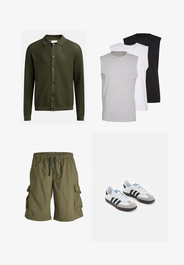 Olivově zelený svetr s texturovaným pleteným vzorem, s límcem a šesti tmavými knoflíky na přední straně; žebrované manžety a lem.; Tři bezrukávové trička v šedé, bílé a černé barvě. Měkký bavlněný materiál s kulatým výstřihem a uvolněným střihem. Jednoduchý design, žádné vzory.; Kargo šortky vyrobené z olivově zelené látky, s elastickým pasem na stahovací šňůrku a bočními kapsami. Hladká textura, délka po kolena.; Sportovní boty s bílým koženým svrškem, šedou semišovou špičkou a třemi černými pruhy. Obsahují modré logo na jazyku a texturovanou gumovou podrážku.