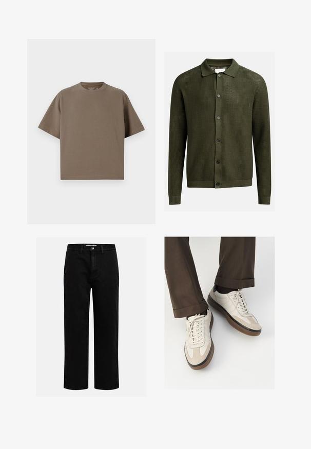 Olivengrøn cardigan med et struktureret strikkemønster, en kravehals og seks mørke knapper foran; ribbede manchetter og kant.; Brun, kortærmet t-shirt lavet af blødt stof med rund hals. Har en afslappet pasform og en simpel kantdetalje.; Sorte denimbukser med lige pasform, klassisk fem-lomme design og knaplukning i taljen. Glat tekstur og holdbart stof.; Beige sneakers med en struktureret ruskind front, glatte lædersider og en brun gummisål. Snørebånd og let stikning er inkluderet.