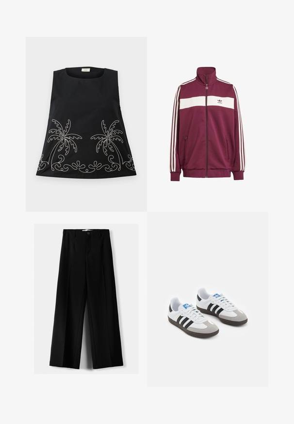 Bordová zipová bunda s bílým vodorovným pruhem a třemi bílými bočními pruhy. Má vysoký límec a dvě boční kapsy na zip.; Černý bezramínkový top s kulatým výstřihem, zdobený bílými vyšívanými palmami a dekorativními vlnkami podél lemu.; Černé široké kalhoty z lehkého materiálu s předním zapínáním na knoflík a hladkým předním dílem, s pečlivě přišitými lemy.; Sportovní boty s bílým koženým svrškem, šedou semišovou špičkou a třemi černými pruhy. Obsahují modré logo na jazyku a texturovanou gumovou podrážku.