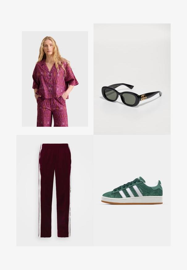 Maroon zip jacket with white horizontal stripe and three white side stripes. Features a high collar and two zippered side pockets.; Short-sleeve, button-up shirt and matching pants in a pink and purple ikat pattern, featuring a relaxed fit and soft texture.; Burgundy athletic pants with a drawstring waist, white side stripes, and a slim fit. Made from a smooth, lightweight fabric.; Green suede sneaker with white leather stripes, rubber sole, padded collar, and minimalistic design. Features branding on the side.; Black plastic sunglasses with green lenses, featuring an oval shape and gold logo detail on the temples. Smooth texture and shiny finish.