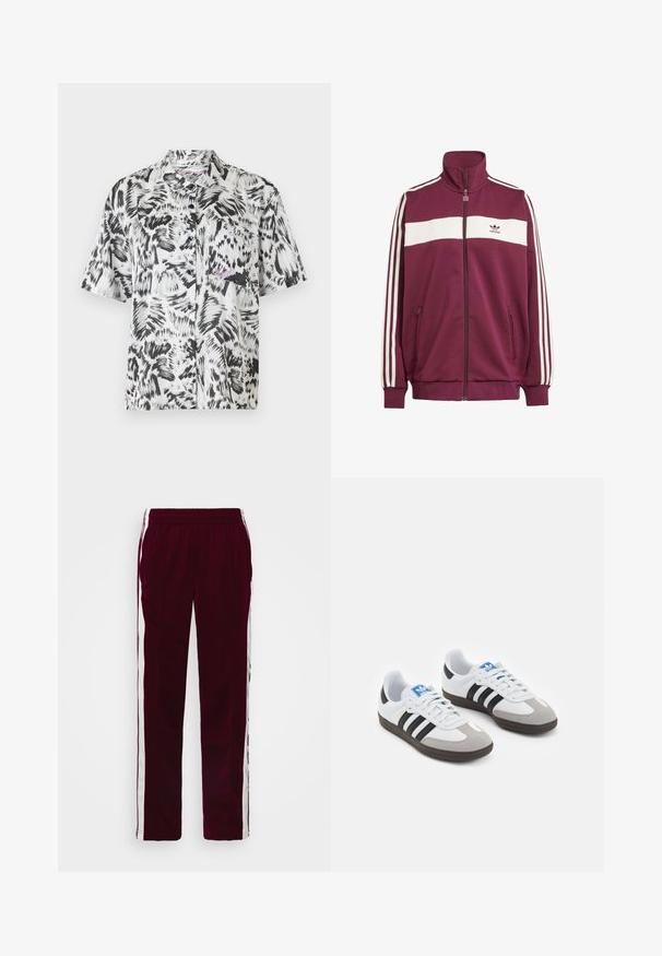 Tumši sarkans zipa žiburs ar baltiem horizontāliem svītrām un trim baltām sānu svītrām. Iespējo augstu apkakli un divas kabatas ar zipa aizdari sānos.; Īsām piedurkņu krekls melnbaltā abstraktā otas sitiena rakstā, kura iezīmes ir apkakle, priekšējā kabata un pogu dizains.; Burgundijas sporta bikses ar aukliņu jostu, baltām sānu svītrām un šauru piegriezumu. Izgatavotas no gludas, vieglas auduma.; Sporta apavi ar balto ādas virsu, pelēku zamšādas purngalu un trim melnām svītrām. Iezīmē zilu logotipu uz mēles un teksturētu gumijas zoli.