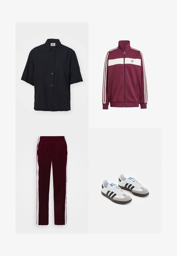 Viininpunainen vetoketjullinen takki, jossa on valkoinen vaakasuora raita ja kolme valkoista sivuraitaa. Varustettu korkealla kauluksella ja kahdella vetoketjullisella sivutaskulla.; Mads Nørgaard COLIN LORELLA - Paitapusero - black; Bordeaux urheiluhaalarit, joissa on naru vyötäröllä, valkoiset sivuviivat ja kapea malli. Valmistettu sileästä, kevyestä kankaasta.; Urheilukengät, joissa on valkoinen nahkainen päällinen, harmaa mokkanokka ja kolme mustaa raitaa. Ominaisuuksina sininen logo kielekkeessä ja kuvioitu kumipohja.