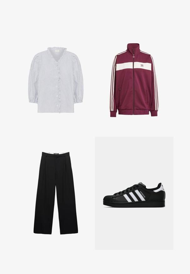 Bordeauxfarbener Zip-Jacke mit weißem horizontalen Streifen und drei weißen Seitestreifen. Besitzt einen hohen Kragen und zwei seitliche Reißverschlusstaschen.; Kaffe OSITA - Bluse - white black oxford stripe; Schwarzfarbene weite Hosen aus glattem Stoff. Mit frontalen Falten, einem Bund mit Gürtelschlaufen und einer taillierten Silhouette.; Schwarzer Adidas Superstar Sneaker mit weißen Streifen, Schalenzehen und "Superstar"-Schriftzug an der Seite, im Seitenprofil auf weißem Hintergrund dargestellt.