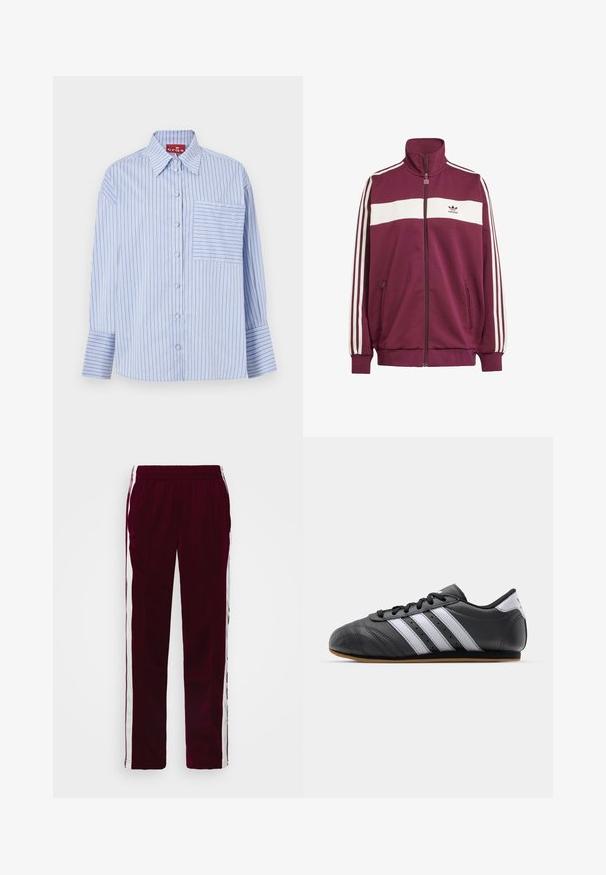 Casaco de fecho éclair cor bordeaux com risca horizontal branca e três riscas brancas de lado. Apresenta um colarinho alto e dois bolsos laterais com fecho éclair.; Camisa riscada azul e branca com colarinho, mangas longas, botões frontais e um bolso no peito esquerdo com riscas a combinar.; Calças de atletismo bordeaux com cintura ajustável por cordão, riscas brancas nas laterais e um corte slim. Feitas de um tecido leve e suave.; Sapatilha de desporto em couro preto com riscas brancas, biqueira redonda, sola plana e fecho com atacadores. Apresenta perfurações para respirabilidade.