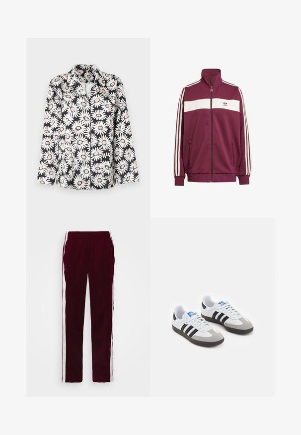 Bordeaux rode zipjack met een witte horizontale streep en drie witte zijstrepen. Kenmerkt zich door een hoge kraag en twee met rits afgesloten zijzakken.; Zwarte button-up shirt met grote witte madeliefjes en oranje centra. Kenmerkt zich door een klassieke kraag en lange mouwen met een ontspannen pasvorm.; Witte, aansluitende T-shirt van katoen, met een ronde hals en korte mouwen, voorzien van een lichtblauw geborduurd logo aan de voorkant.; Bordeaux sportbroek met een trekkoord in de taille, witte zijstrepen en een slim fit. Gemaakt van een gladde, lichtgewicht stof.; Sportschoenen met een witte leren bovenkant, grijze suède neus en drie zwarte strepen. Bevat een blauw logo op de tong en een gestructureerde rubberen zool.