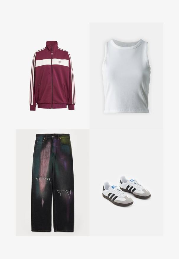 Bordo zip užtrauktuku striukė su balta horizontalia juostele ir trimis baltomis šoninėmis juostelėmis. Turi aukštą apykaklę ir dvi užtraukiamas šonines kišenes.; Balta raukšlėta liemenėlė be rankovių, su apvaliu iškirpimu, tiesiu apvadu ir lygiu, elastingu audiniu.; MM6 Maison Margiela PANTS 5 POCKETS - Laisvo kirpimo džinsai - black; Sportiniai batai su balta odine viršutine dalimi, pilku zomšiniu priekiu ir trimis juodomis juostelėmis. Ant liežuvio yra mėlynas logotipas, o padas pagamintas iš tekstūruoto gumos.